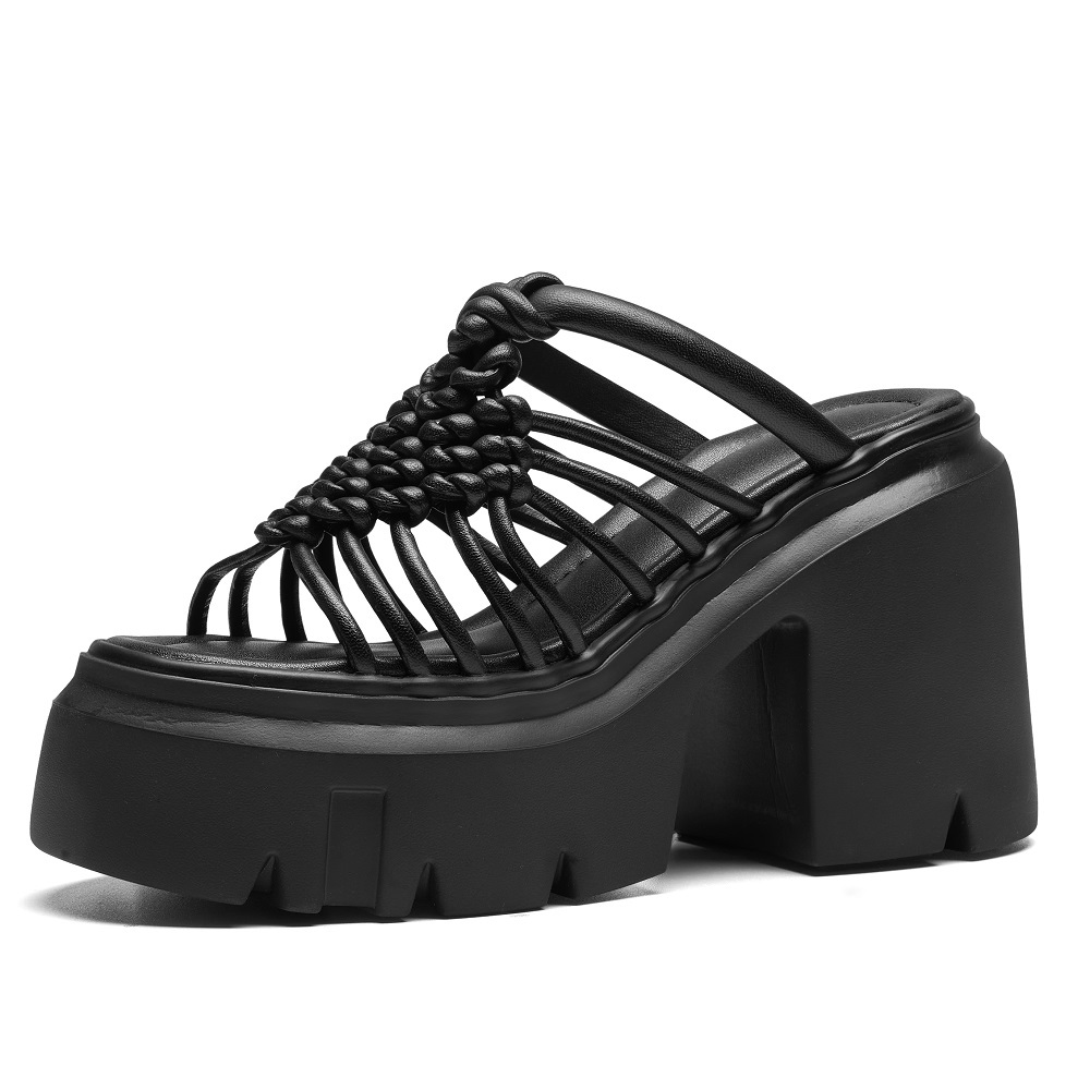 Women's Summer New 12 CM Square Heel Platform Slippers Thin Strap Woven Hollow Out French Style Versatile Vacation Sandals 60515