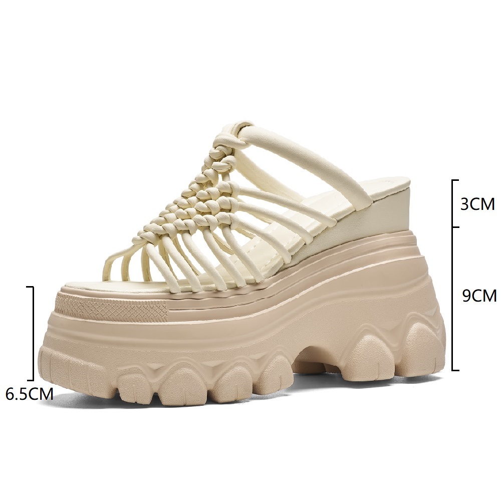 Casual Open Toe Thin Strap Woven Cut Out Women Gladiator Slippers 12 CM Wedge Heel Platform Pink Vacation Fashion Beach Sandals 60518