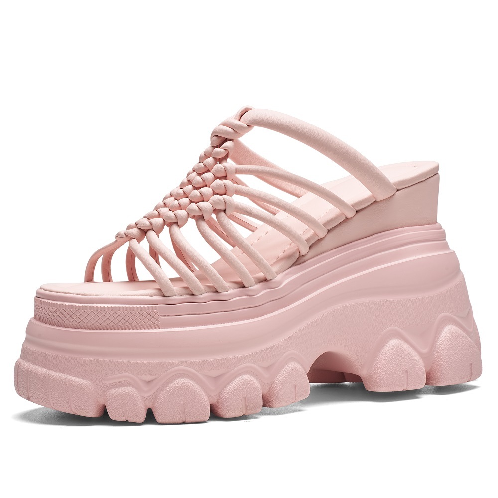 Casual Open Toe Thin Strap Woven Cut Out Women Gladiator Slippers 12 CM Wedge Heel Platform Pink Vacation Fashion Beach Sandals 60518