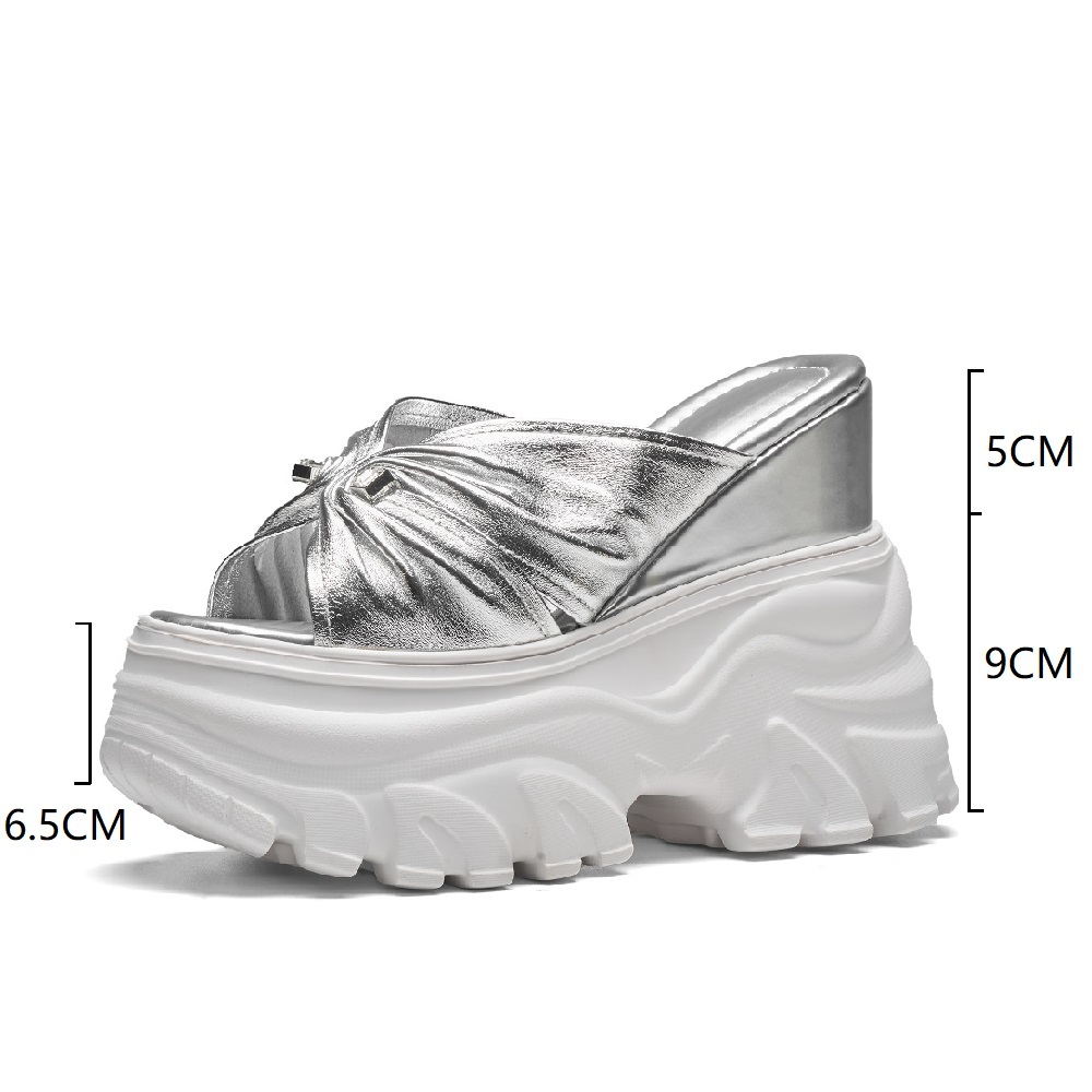 14 CM Super High Heel Platform Open Toe Slippers Genuine Leather Korean Style Pleated Rhinestones Slim Summer Women's Slippers 60519