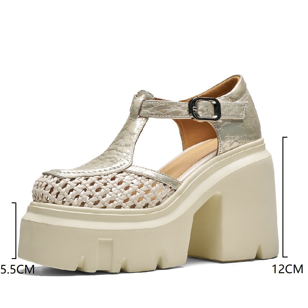 Women Genuine Leather Woven Hollow Out Belt Buckle 12 CM Square Heel Platform Closed Toe Fashion Casual Gladiator Commuter Sandals 60519