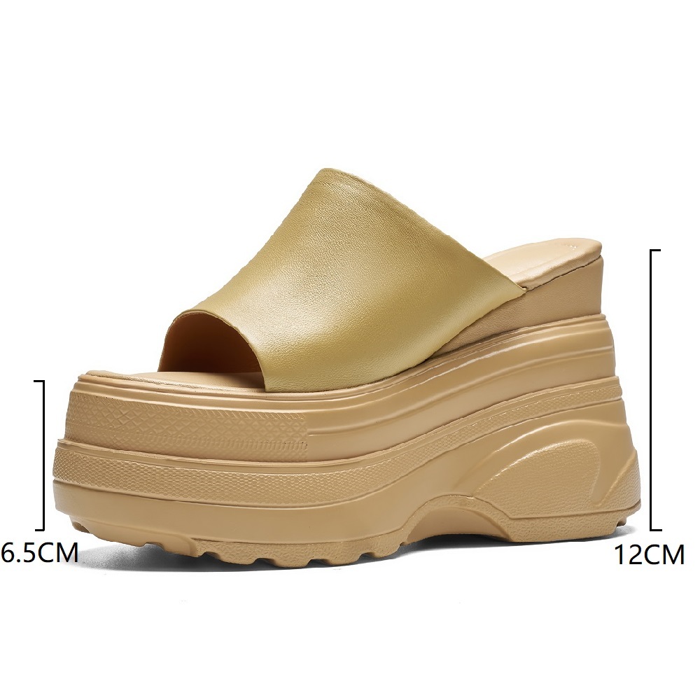 Women's Genuine Leather 12 CM Wedge Platform Open Toe Minimalist Summer Slim Fit Casual Commuter Versatile Slippers 60519