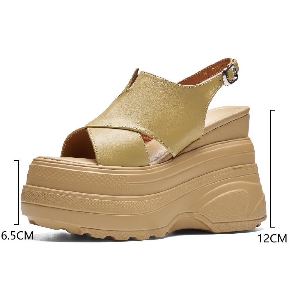 Women’s Genuine Leather Slingback 12 CM Wedge Sandals Platform Open Toe Gladiator Casual Cut Out Belt Buckle Summer Shoes 60519