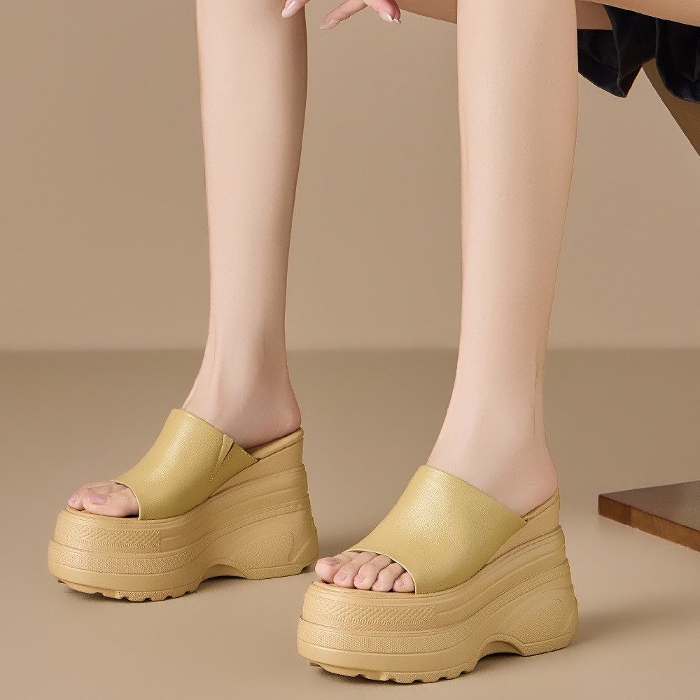 Women's Genuine Leather 12 CM Wedge Platform Open Toe Minimalist Summer Slim Fit Casual Commuter Versatile Slippers 60519