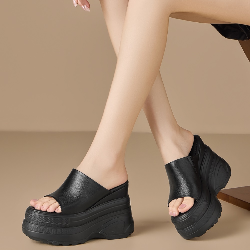Women's Genuine Leather 12 CM Wedge Platform Open Toe Minimalist Summer Slim Fit Casual Commuter Versatile Slippers 60519