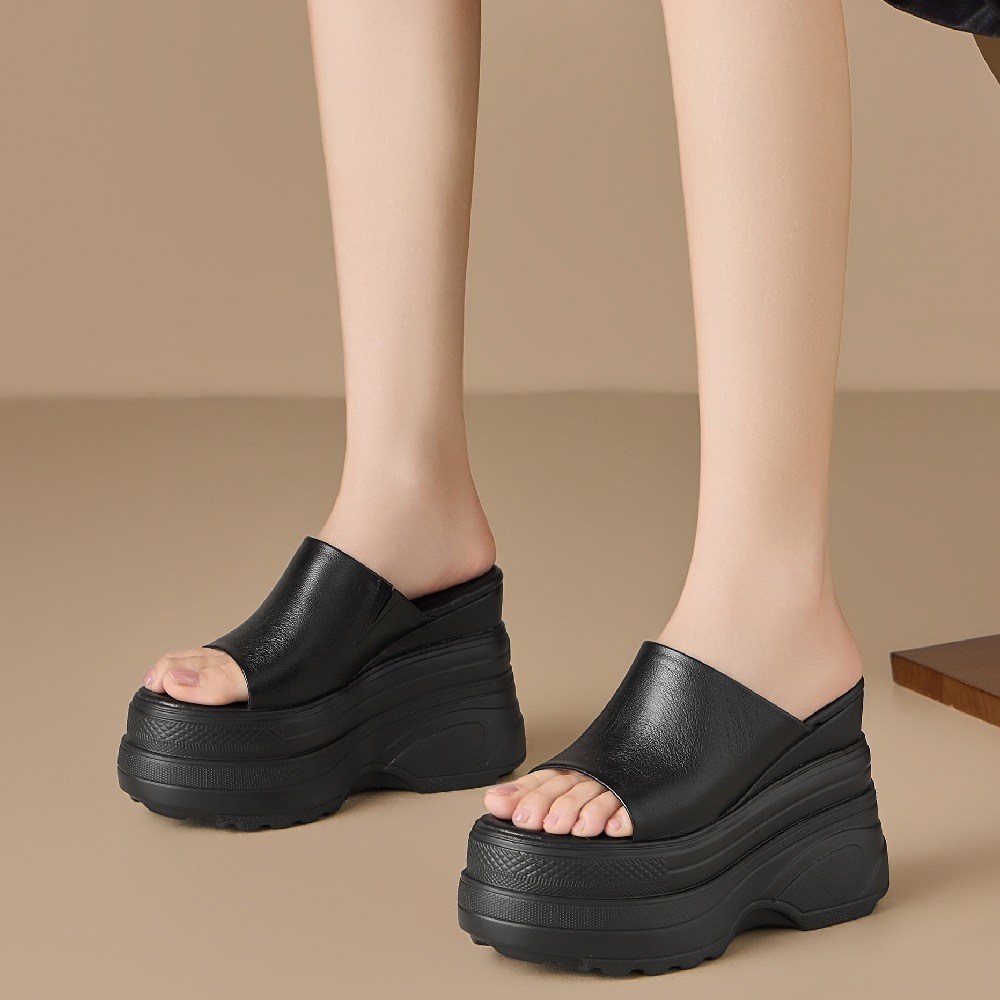 Women's Genuine Leather 12 CM Wedge Platform Open Toe Minimalist Summer Slim Fit Casual Commuter Versatile Slippers 60519