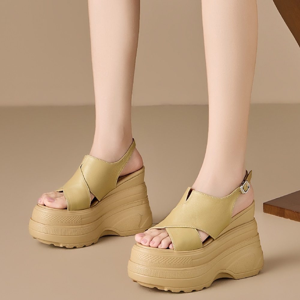 Women’s Genuine Leather Slingback 12 CM Wedge Sandals Platform Open Toe Gladiator Casual Cut Out Belt Buckle Summer Shoes 60519