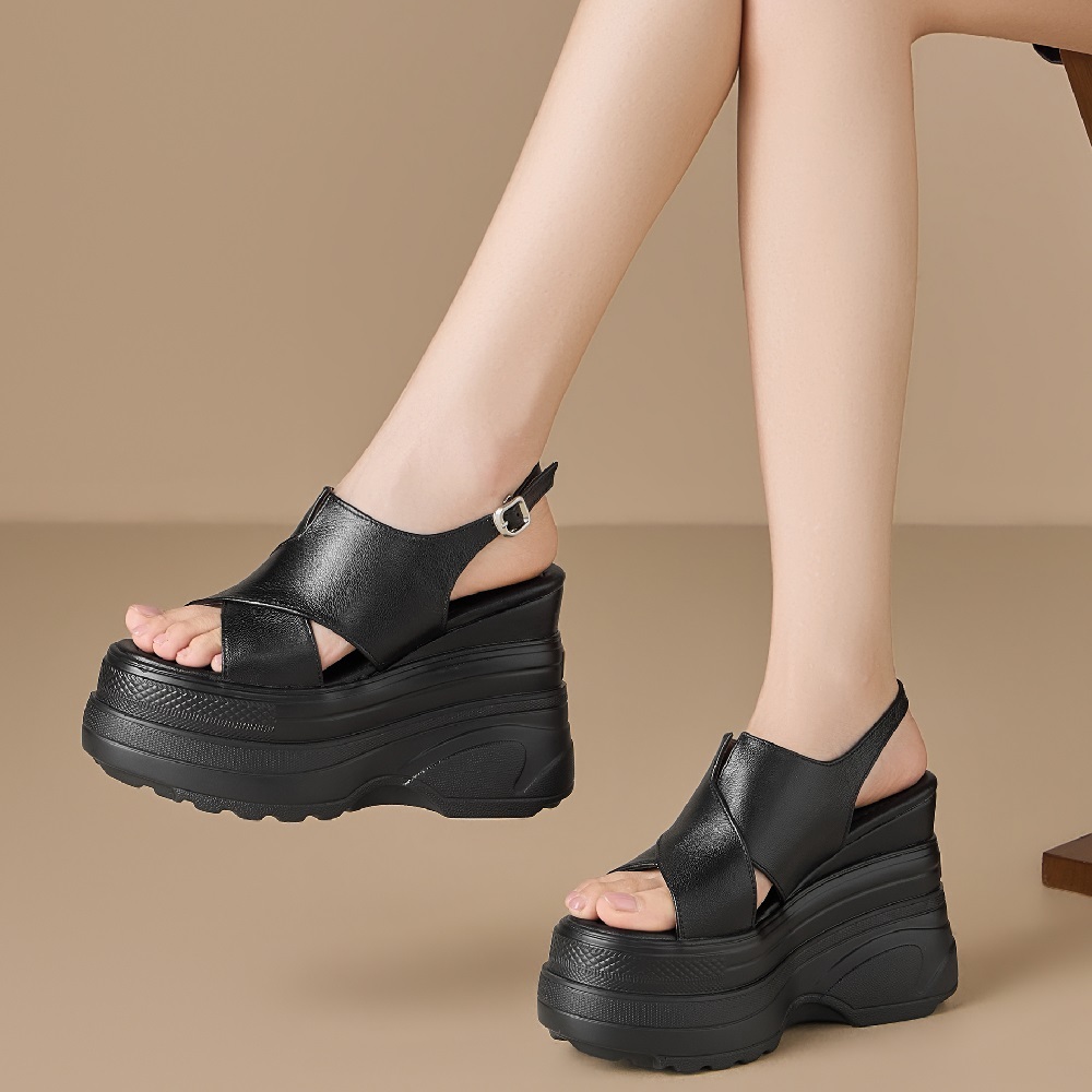 Women’s Genuine Leather Slingback 12 CM Wedge Sandals Platform Open Toe Gladiator Casual Cut Out Belt Buckle Summer Shoes 60519