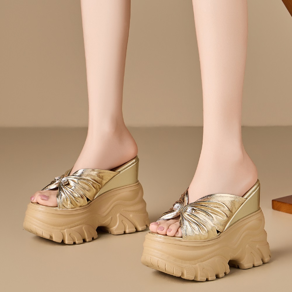 14 CM Super High Heel Platform Open Toe Slippers Genuine Leather Korean Style Pleated Rhinestones Slim Summer Women's Slippers 60519