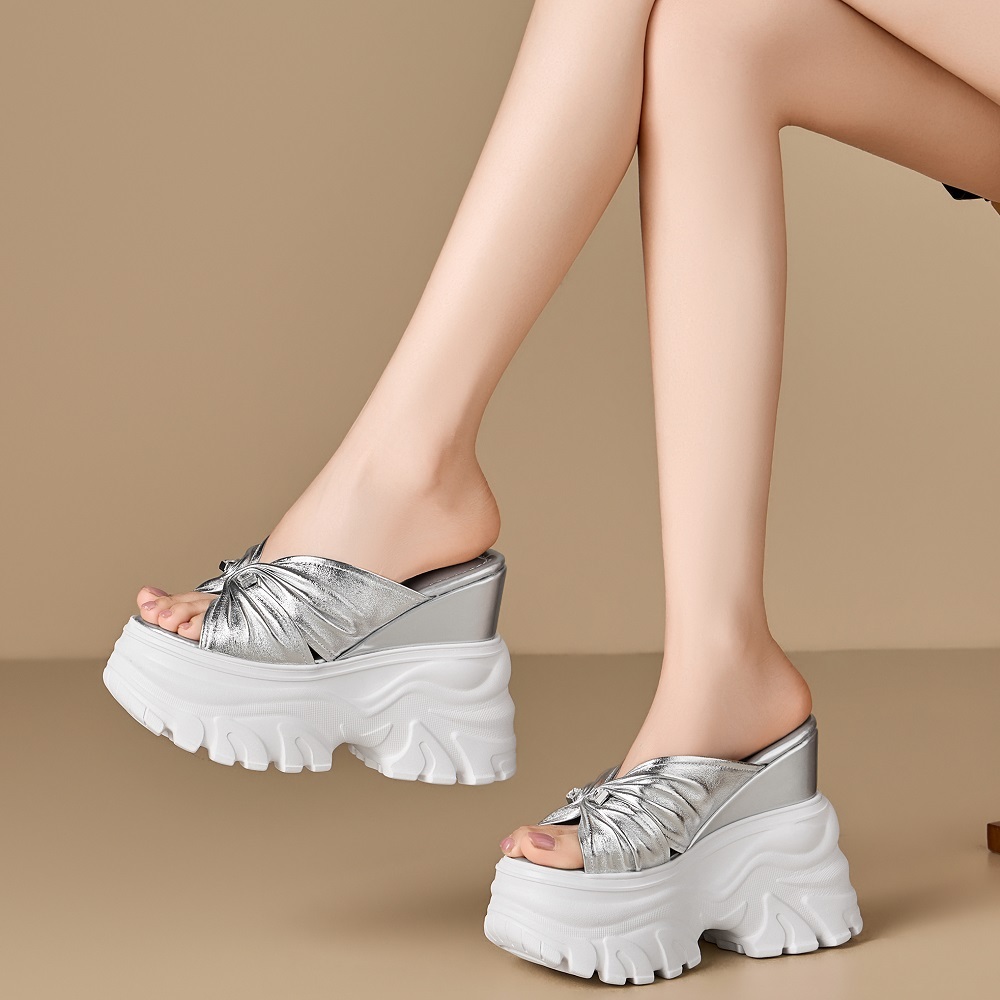 14 CM Super High Heel Platform Open Toe Slippers Genuine Leather Korean Style Pleated Rhinestones Slim Summer Women's Slippers 60519