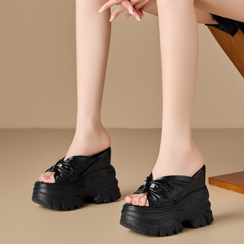 14 CM Super High Heel Platform Open Toe Slippers Genuine Leather Korean Style Pleated Rhinestones Slim Summer Women's Slippers 60519
