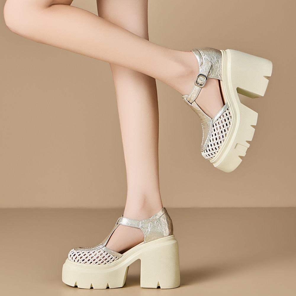 Women Genuine Leather Woven Hollow Out Belt Buckle 12 CM Square Heel Platform Closed Toe Fashion Casual Gladiator Commuter Sandals 60519