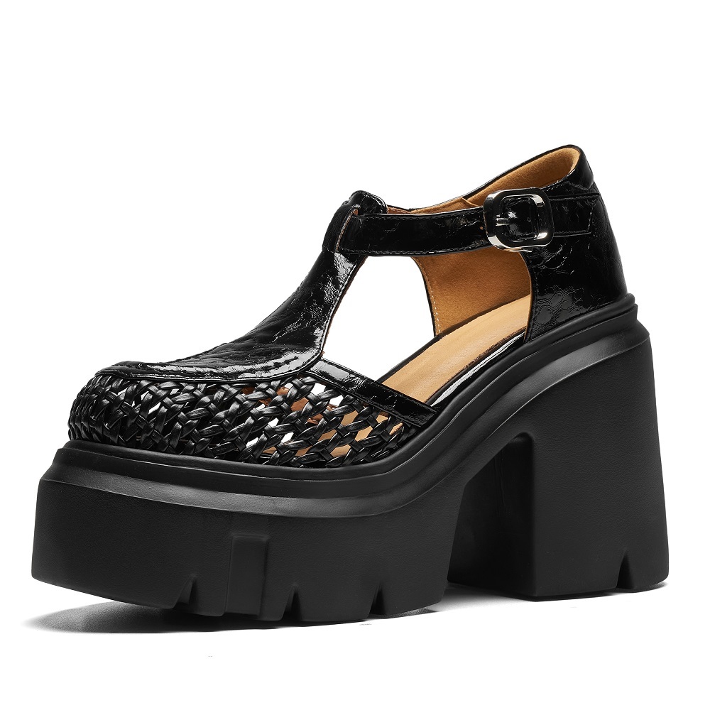 Women Genuine Leather Woven Hollow Out Belt Buckle 12 CM Square Heel Platform Closed Toe Fashion Casual Gladiator Commuter Sandals 60519