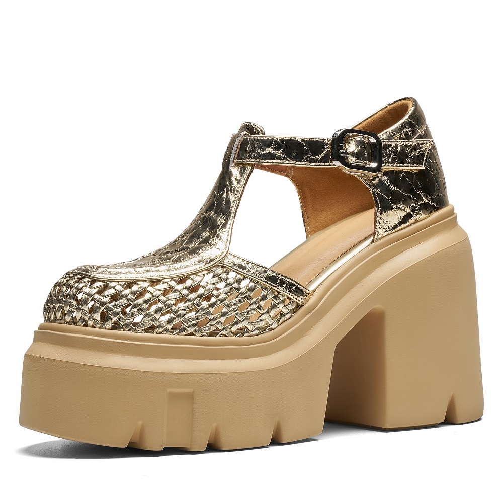 Women Genuine Leather Woven Hollow Out Belt Buckle 12 CM Square Heel Platform Closed Toe Fashion Casual Gladiator Commuter Sandals 60519