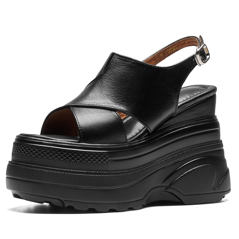Women’s Genuine Leather Slingback 12 CM Wedge Sandals Platform Open Toe Gladiator Casual Cut Out Belt Buckle Summer Shoes 60519