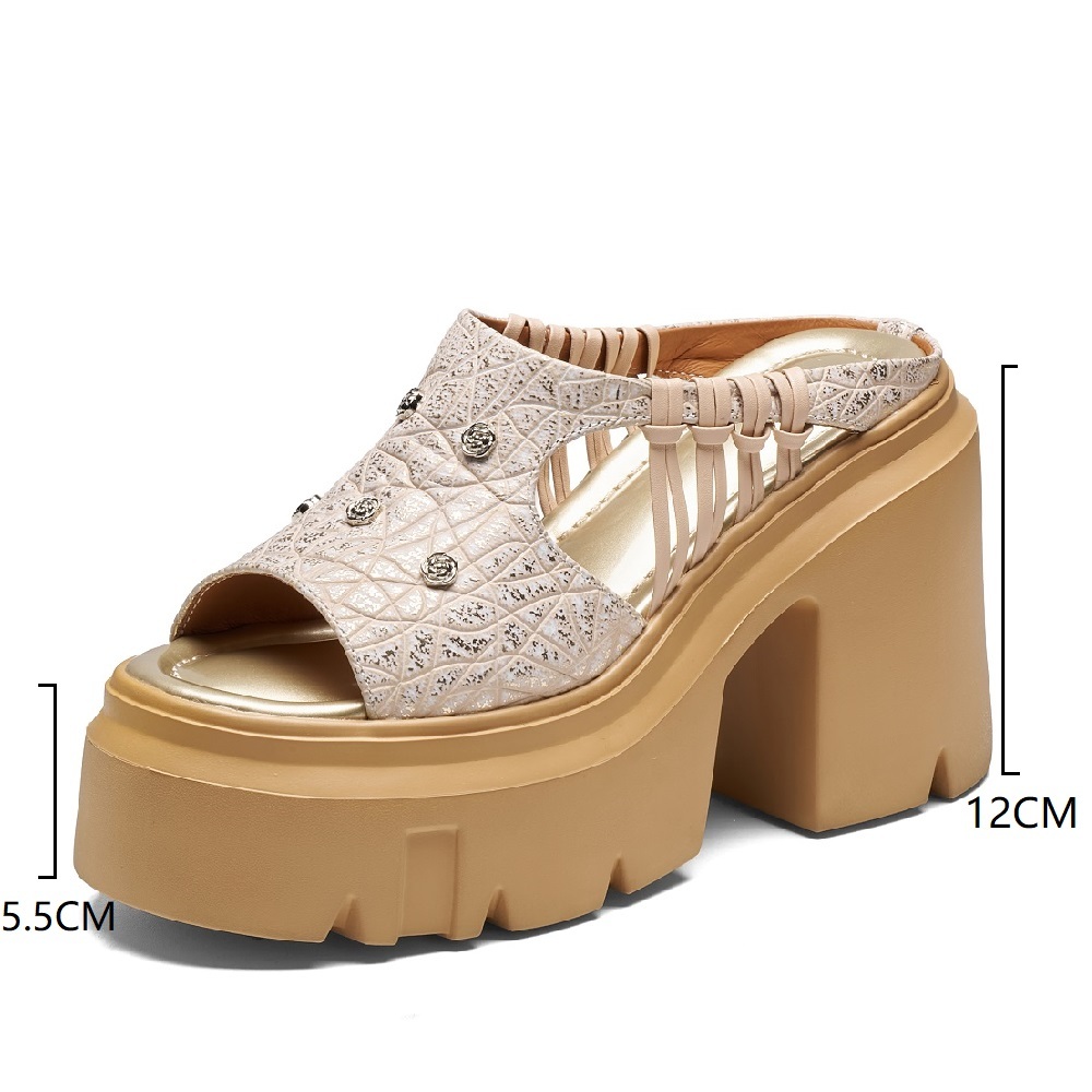 Women's 12 CM Chunky Block Heel Platform Sandals Peep Toe Embossed Leather Slippers Metal Rose Comfort Cut Out Summer Fashion Slides 60520