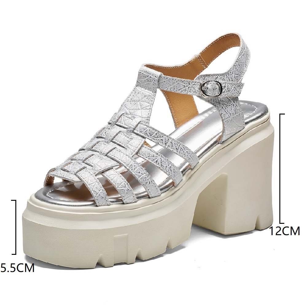 Women's Summer Genuine Leather Embossed Cut Out Woven 12 CM Block Heel Belt Buckle Open Toe Backless Gladiator Sandals 60520
