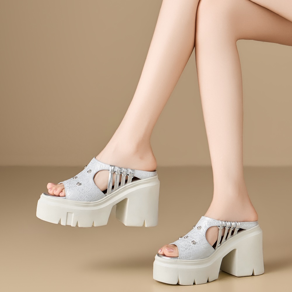 Women's 12 CM Chunky Block Heel Platform Sandals Peep Toe Embossed Leather Slippers Metal Rose Comfort Cut Out Summer Fashion Slides 60520