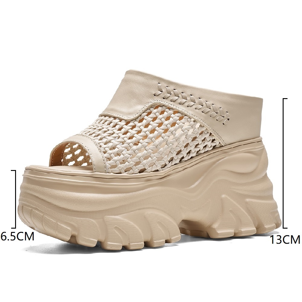 Women Genuine Leather Woven Slim Fit 13 CM Thick Sole Wedge Platform Hollow Out Open Toe Summer Casual Vacation Fashion Slippers 60520