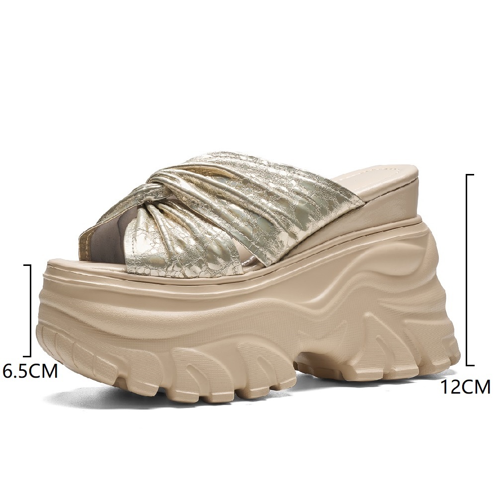 Women's Textured Genuine Leather Glossy Pleated Peep Toe Sandals 12 CM Thick Sole Platform Cut Out Gladiator Summer Slippers 60520