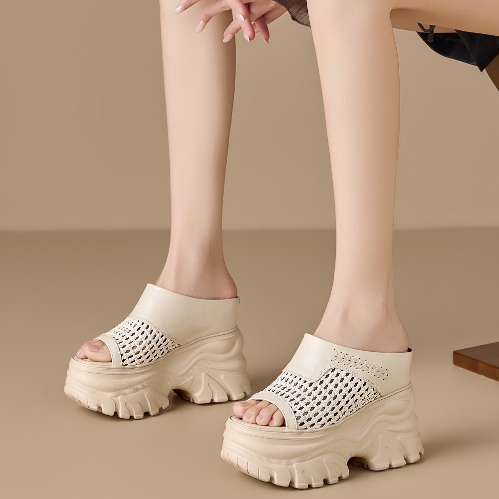 Women Genuine Leather Woven Slim Fit 13 CM Thick Sole Wedge Platform Hollow Out Open Toe Summer Casual Vacation Fashion Slippers 60520