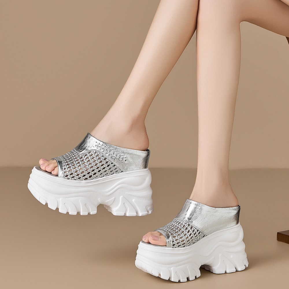 Women Genuine Leather Woven Slim Fit 13 CM Thick Sole Wedge Platform Hollow Out Open Toe Summer Casual Vacation Fashion Slippers 60520