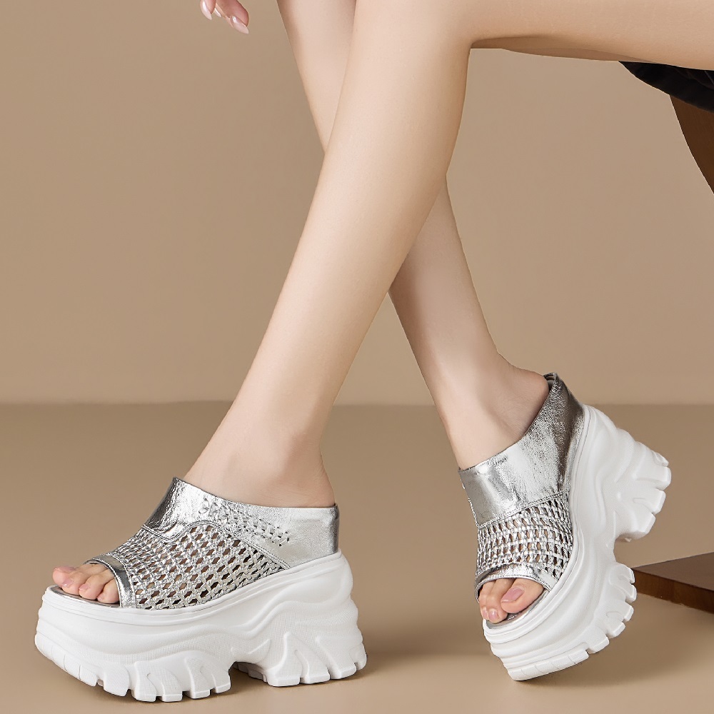 Women Genuine Leather Woven Slim Fit 13 CM Thick Sole Wedge Platform Hollow Out Open Toe Summer Casual Vacation Fashion Slippers 60520
