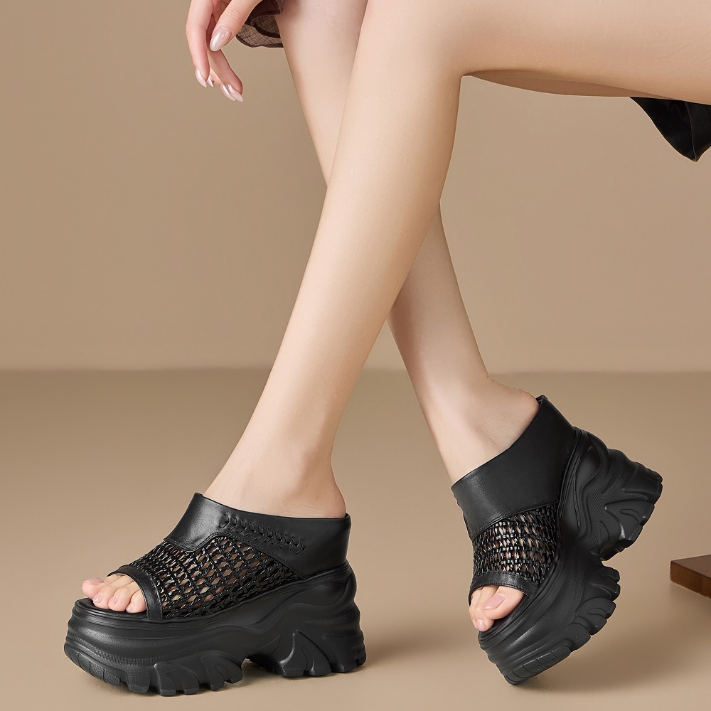 Women Genuine Leather Woven Slim Fit 13 CM Thick Sole Wedge Platform Hollow Out Open Toe Summer Casual Vacation Fashion Slippers 60520