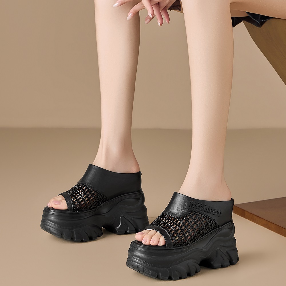 Women Genuine Leather Woven Slim Fit 13 CM Thick Sole Wedge Platform Hollow Out Open Toe Summer Casual Vacation Fashion Slippers 60520