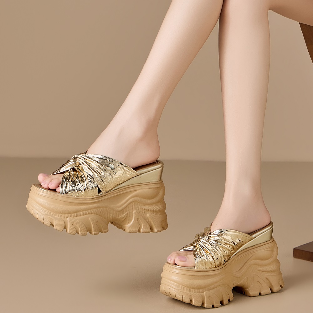 Women's Textured Genuine Leather Glossy Pleated Peep Toe Sandals 12 CM Thick Sole Platform Cut Out Gladiator Summer Slippers 60520