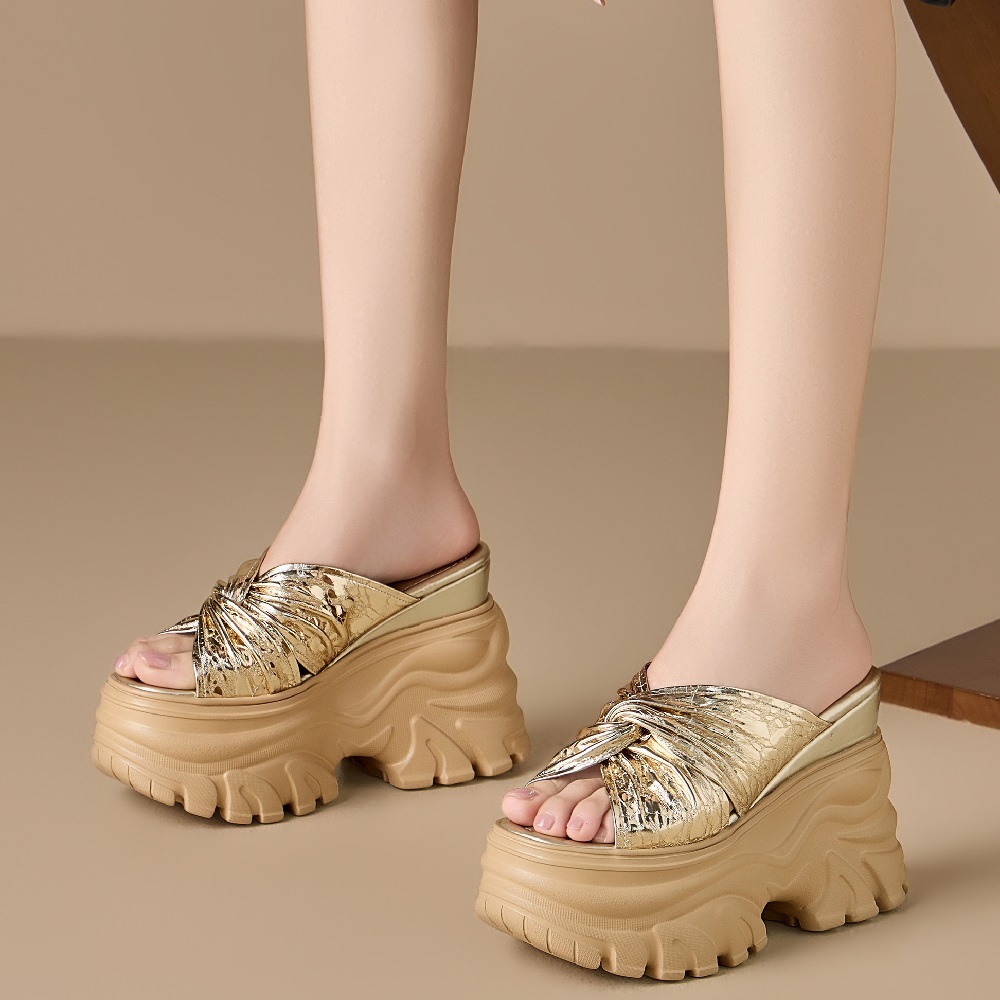 Women's Textured Genuine Leather Glossy Pleated Peep Toe Sandals 12 CM Thick Sole Platform Cut Out Gladiator Summer Slippers 60520