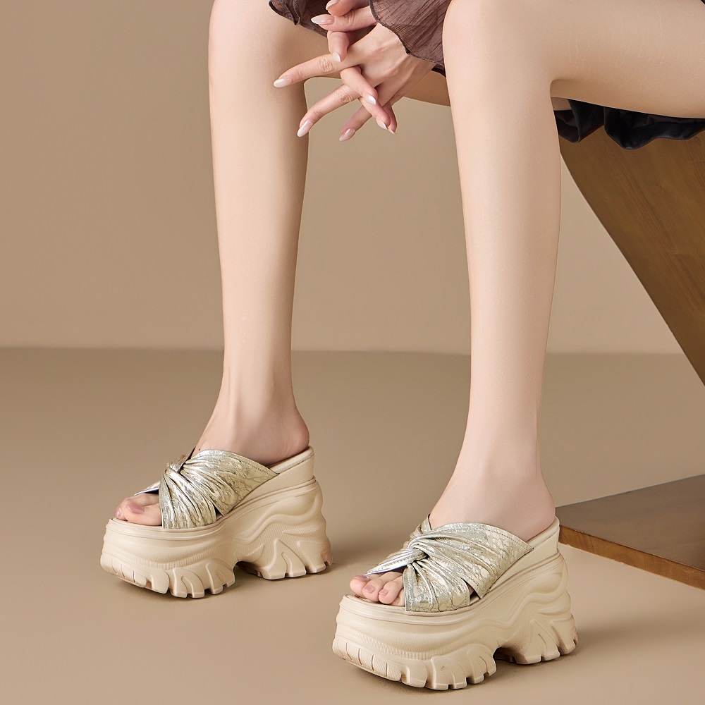Women's Textured Genuine Leather Glossy Pleated Peep Toe Sandals 12 CM Thick Sole Platform Cut Out Gladiator Summer Slippers 60520