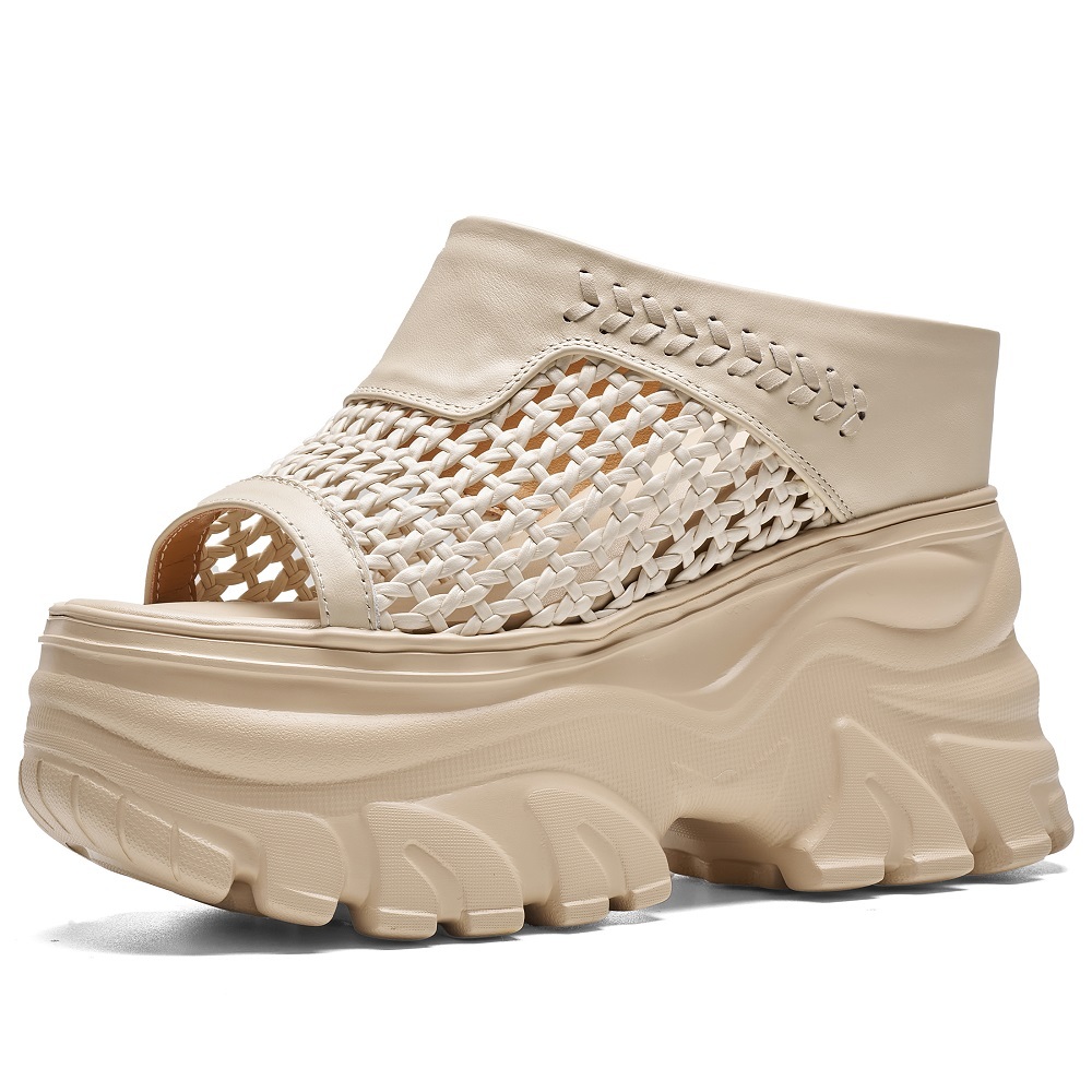 Women Genuine Leather Woven Slim Fit 13 CM Thick Sole Wedge Platform Hollow Out Open Toe Summer Casual Vacation Fashion Slippers 60520