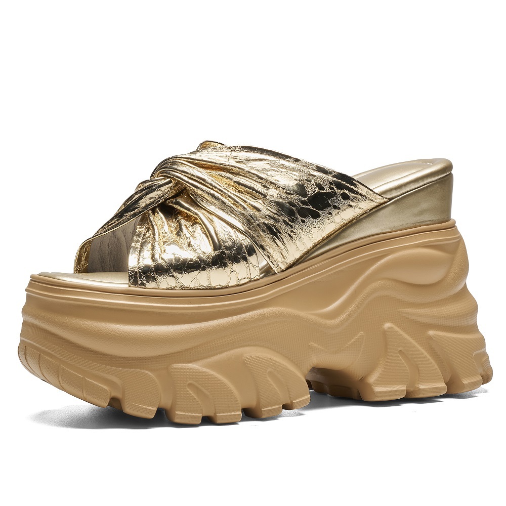 Women's Textured Genuine Leather Glossy Pleated Peep Toe Sandals 12 CM Thick Sole Platform Cut Out Gladiator Summer Slippers 60520