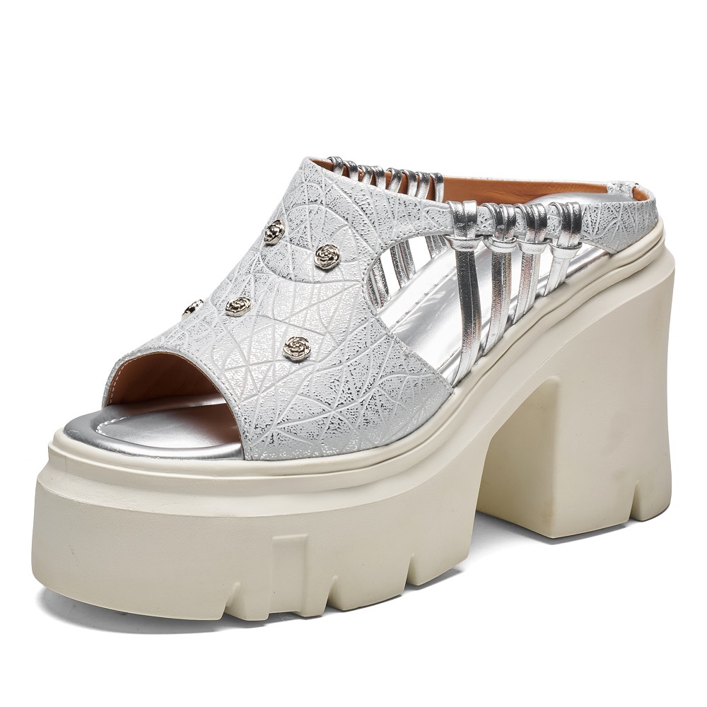 Women's 12 CM Chunky Block Heel Platform Sandals Peep Toe Embossed Leather Slippers Metal Rose Comfort Cut Out Summer Fashion Slides 60520