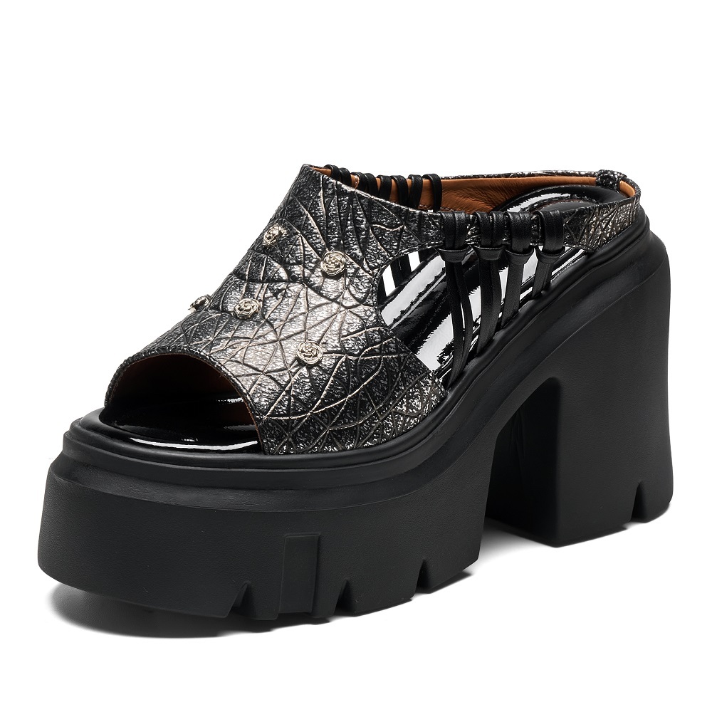 Women's 12 CM Chunky Block Heel Platform Sandals Peep Toe Embossed Leather Slippers Metal Rose Comfort Cut Out Summer Fashion Slides 60520