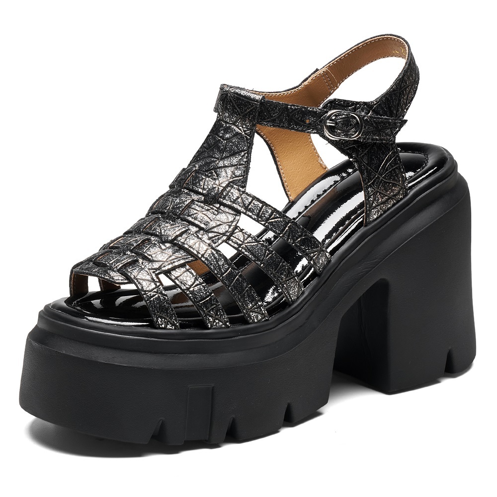 Women's Summer Genuine Leather Embossed Cut Out Woven 12 CM Block Heel Belt Buckle Open Toe Backless Gladiator Sandals 60520