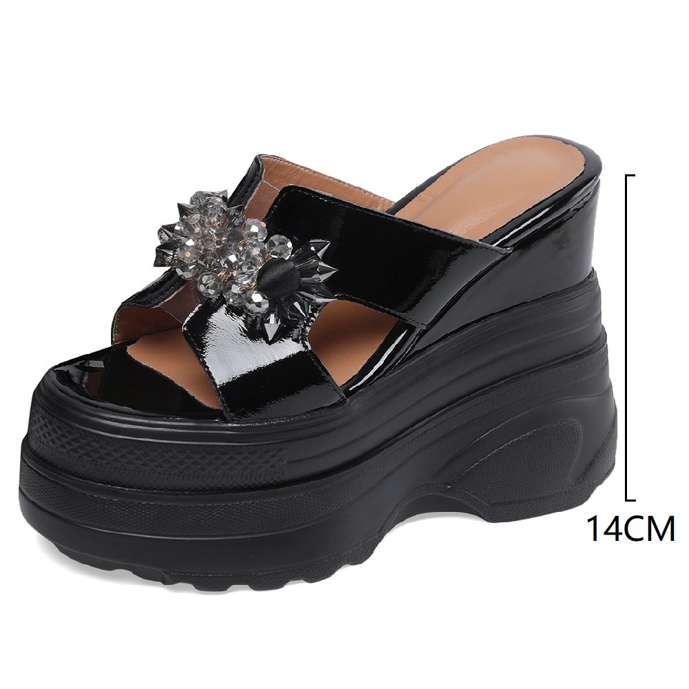 Women's Genuine Leather 14 CM Super High Heel Wedge Platform Crystals Flower Gladiator Open Toe Summer Slippers Sandals 60521