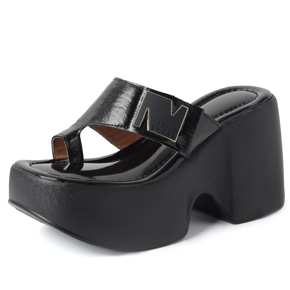 Women's Genuine Leather Slim Fit 10 CM Wedge Platform Vacation Style Beach Sandals Toe Loop Summer Casual Versatile Sandals 60521
