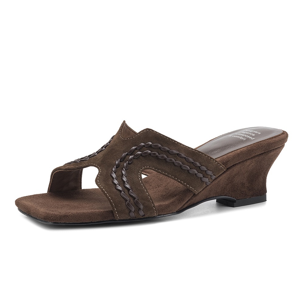 Women's Matte Sheepskin 5 CM Wedge Heel Open Toe Woven Leather Strap Summer Retro Square Toe Cut Out French Style Elegant Slippers Sandals 60521