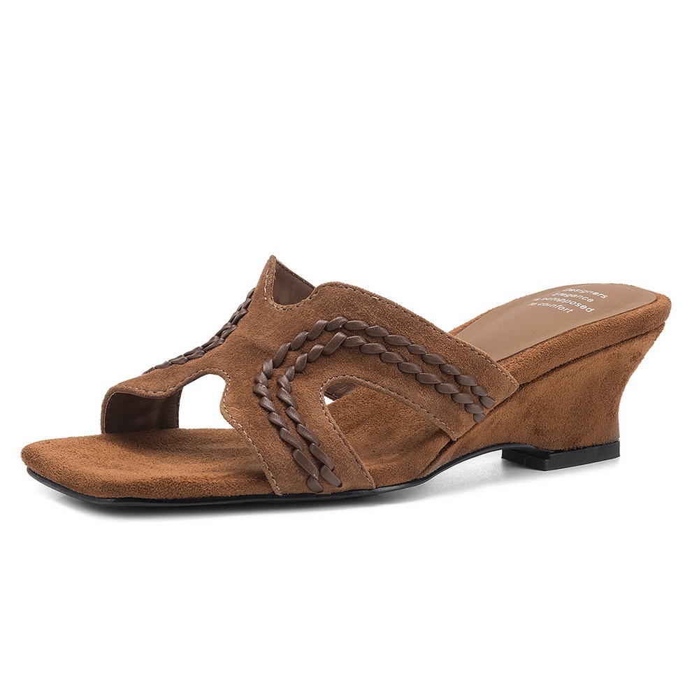 Women's Matte Sheepskin 5 CM Wedge Heel Open Toe Woven Leather Strap Summer Retro Square Toe Cut Out French Style Elegant Slippers Sandals 60521