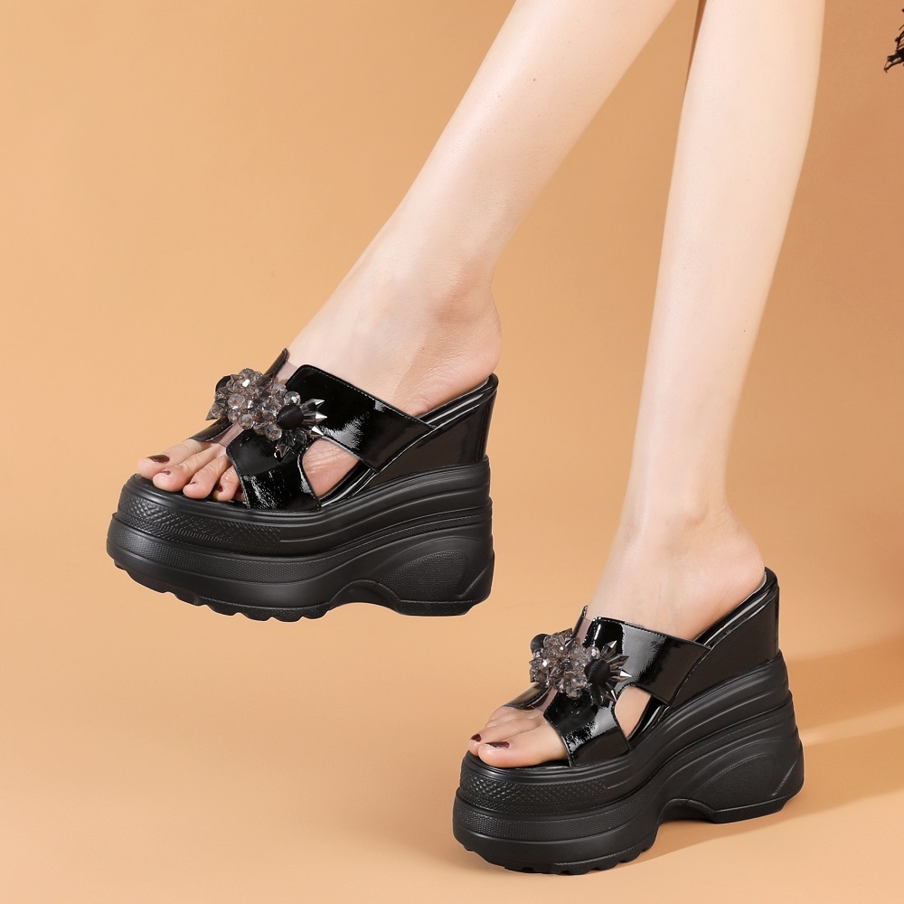 Women's Genuine Leather 14 CM Super High Heel Wedge Platform Crystals Flower Gladiator Open Toe Summer Slippers Sandals 60521