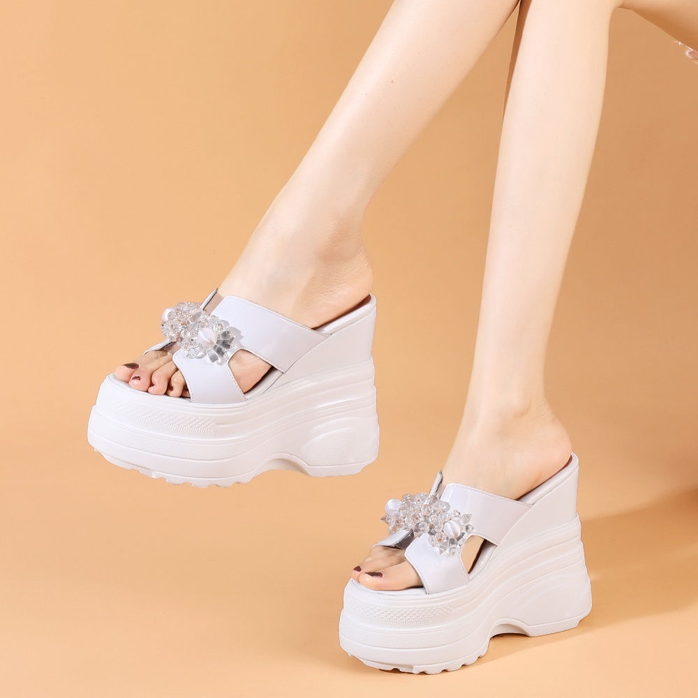 Women's Genuine Leather 14 CM Super High Heel Wedge Platform Crystals Flower Gladiator Open Toe Summer Slippers Sandals 60521