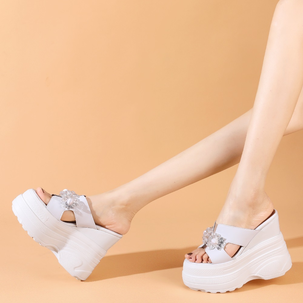 Women's Genuine Leather 14 CM Super High Heel Wedge Platform Crystals Flower Gladiator Open Toe Summer Slippers Sandals 60521