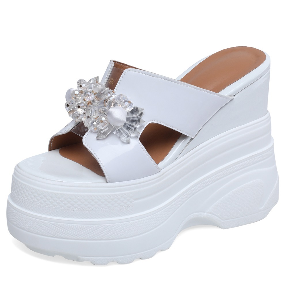 Women's Genuine Leather 14 CM Super High Heel Wedge Platform Crystals Flower Gladiator Open Toe Summer Slippers Sandals 60521