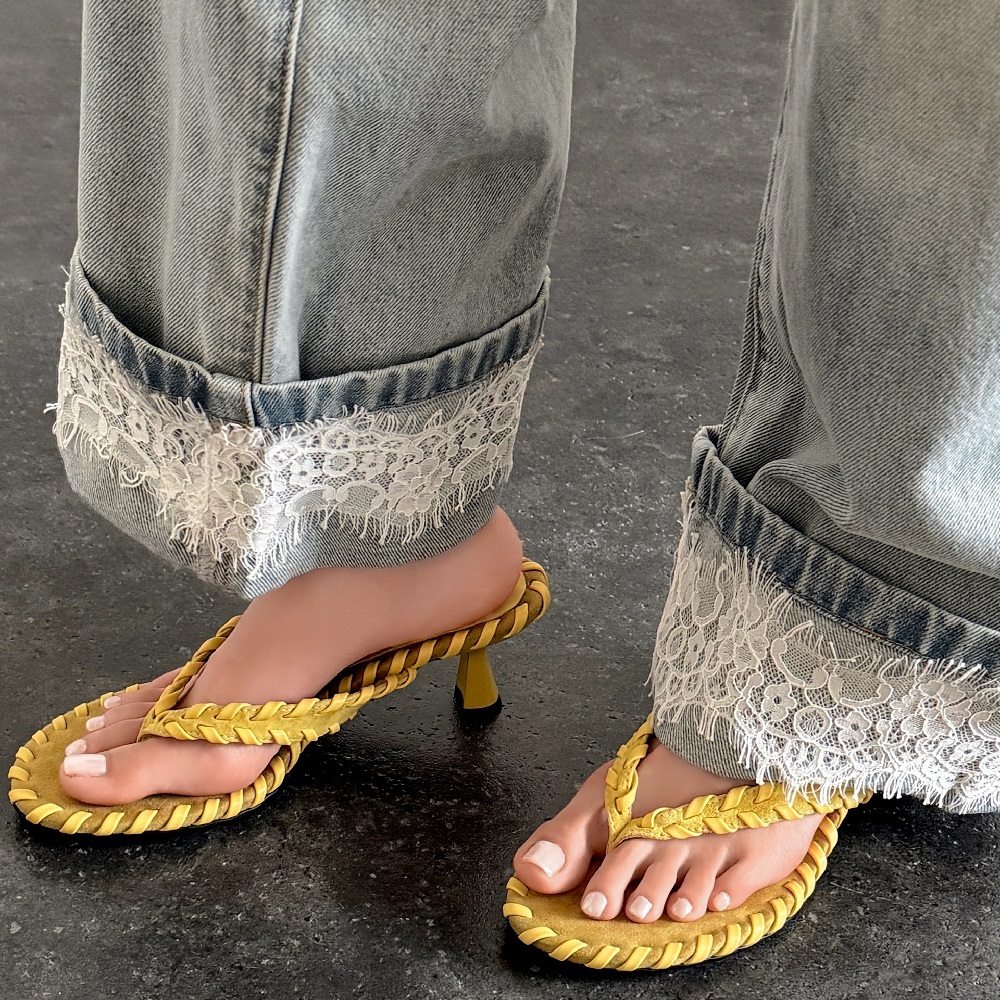 Women's Suede Leather Flip Flops 6 CM Cone Heel Braided Strap French Style Slippers Casual Korean Daily Vacation Sandals 60522