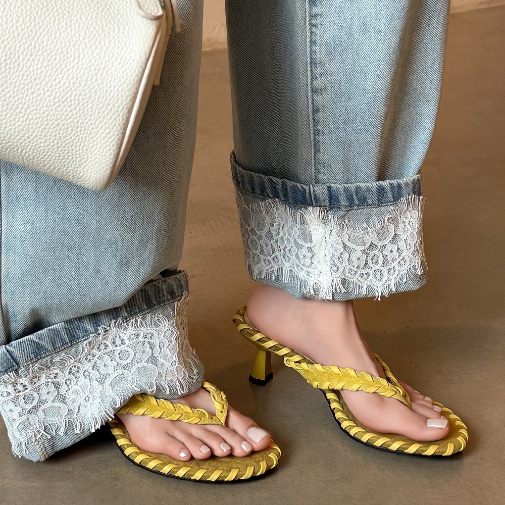 Women's Suede Leather Flip Flops 6 CM Cone Heel Braided Strap French Style Slippers Casual Korean Daily Vacation Sandals 60522