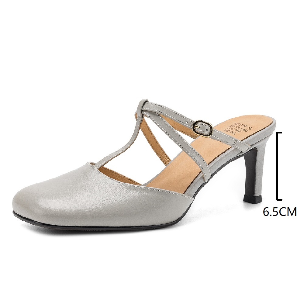 Women Genuine Sheepskin French Square Toe Slip On Backless Slippers 6.5 CM Thin Heel Cut Out Fashion Summer Belt Buckle Sandals  60522