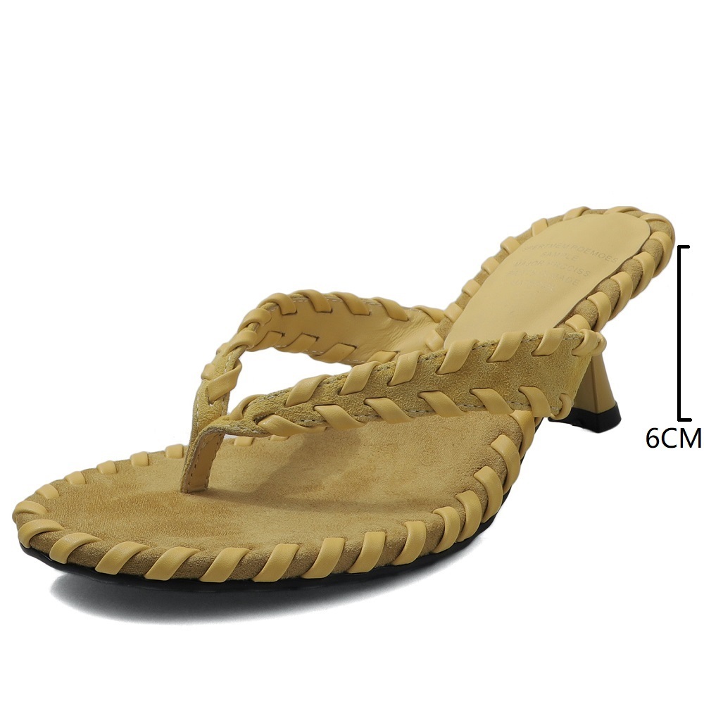 Women's Suede Leather Flip Flops 6 CM Cone Heel Braided Strap French Style Slippers Casual Korean Daily Vacation Sandals 60522