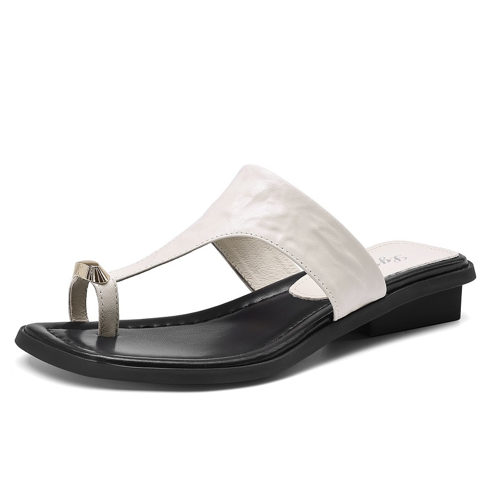 Women Genuine Leather Simple Thong Sandals Solid Color Leopard Print 2.5 CM Square Heel Metal Buckle Square Toe Casual Summer Flip Flops 60522